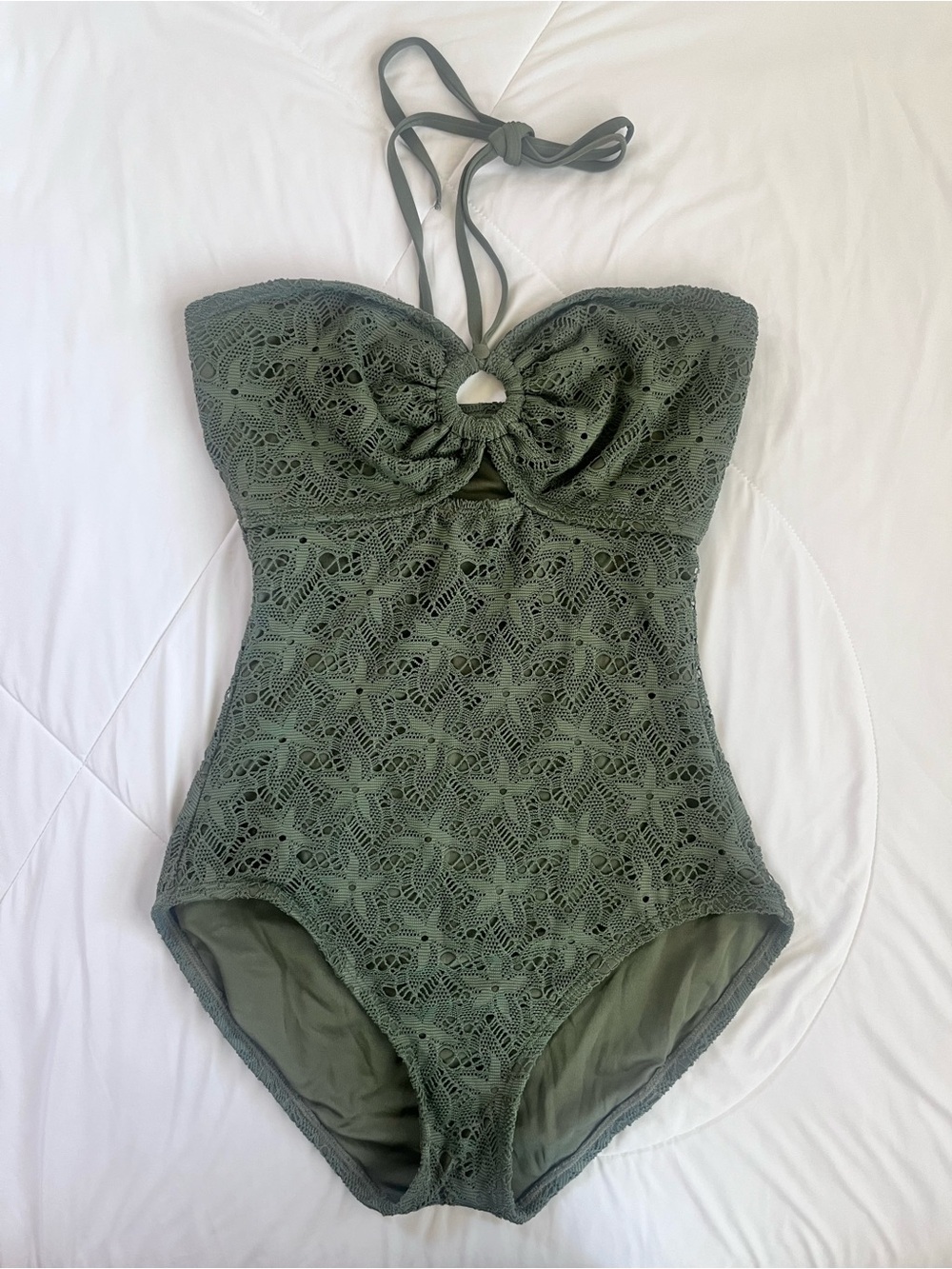 Vince Camuto Olive Crochet One-Piece Swimsuit with Halter Tie